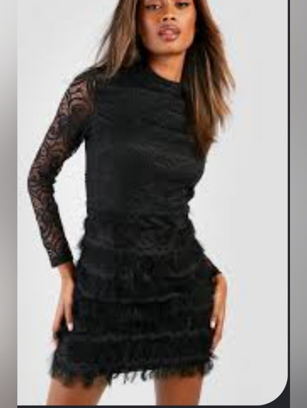 Boohoo Black Lace Long Sleeve Tiered Mini Dress